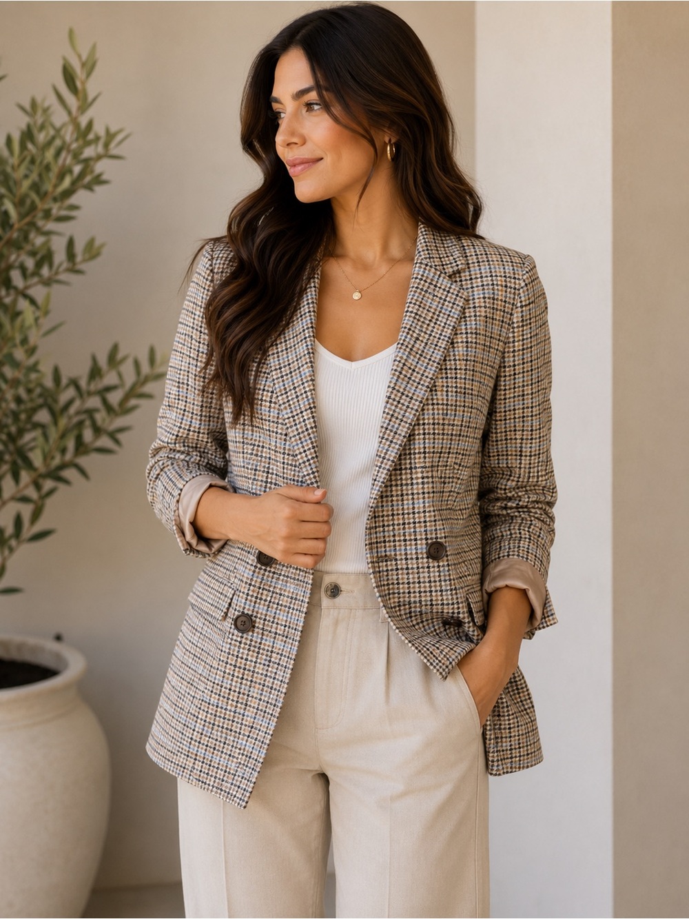GAP Double Breasted Plaid Blazer Size 8 Wool Blend Houndstooth Blue Lined